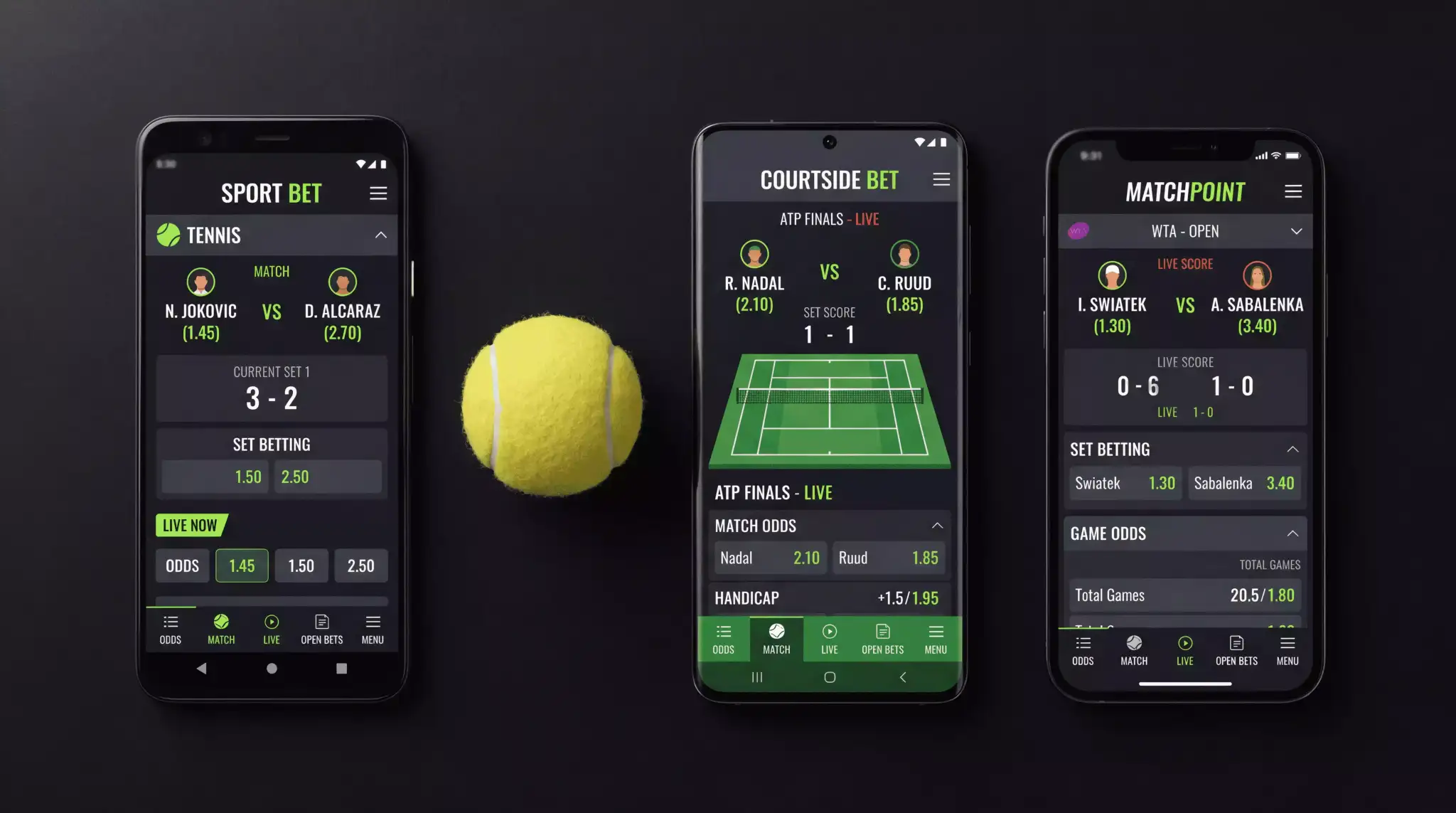 Varios dispositivos móviles mostrando aplicaciones de apuestas deportivas de tenis